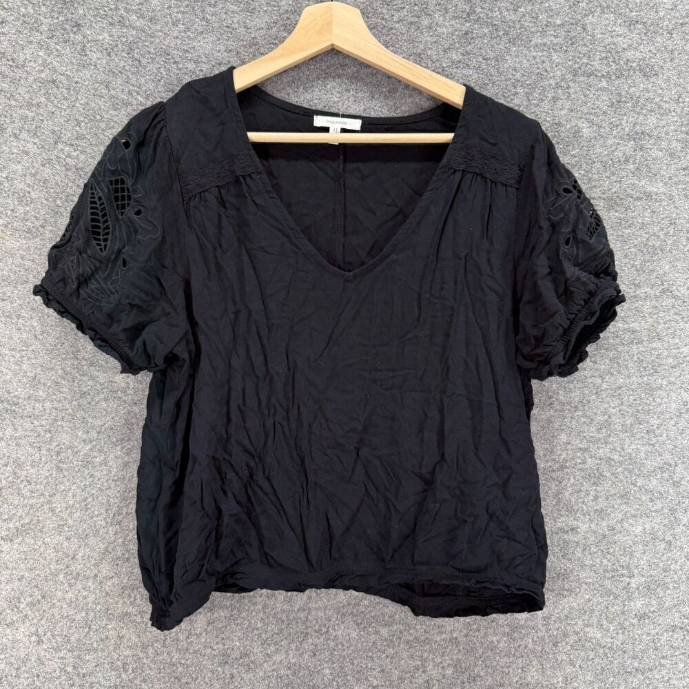 Maurices Blouse Women L Large Black V-Neck Short Sleeve Rayon Pullover Casual